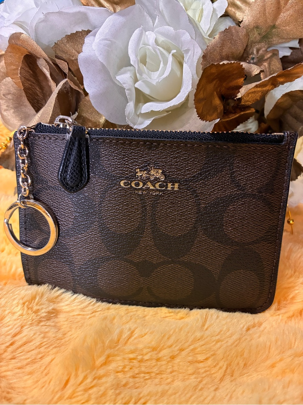 Coach Dark Brown Signature Zip Card Case with Key Ring 2000’s
